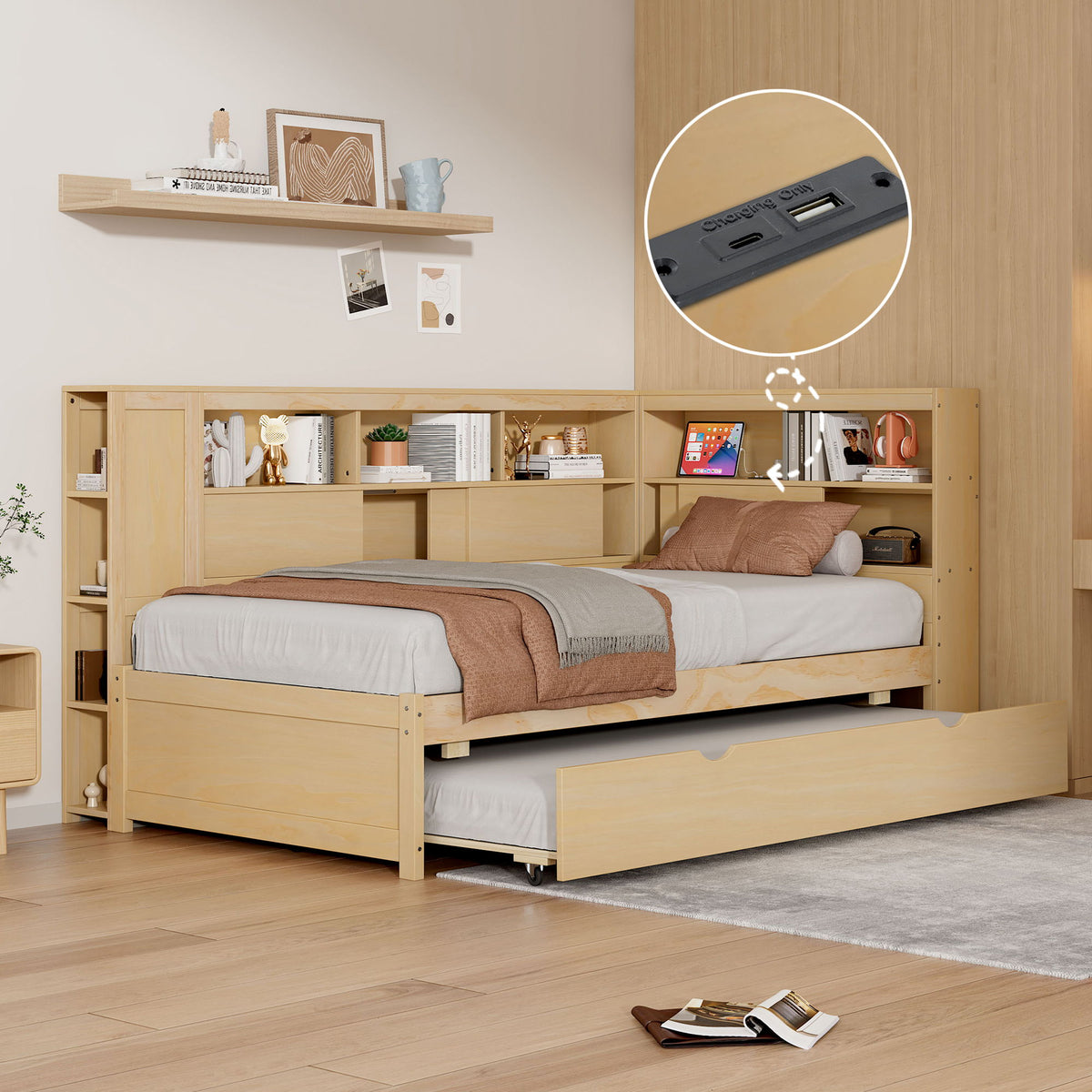 Daybed With Storage Shelves and USB Charging - Twin Size Trundle Bed - White or Light Brown, photo 21 of 26
