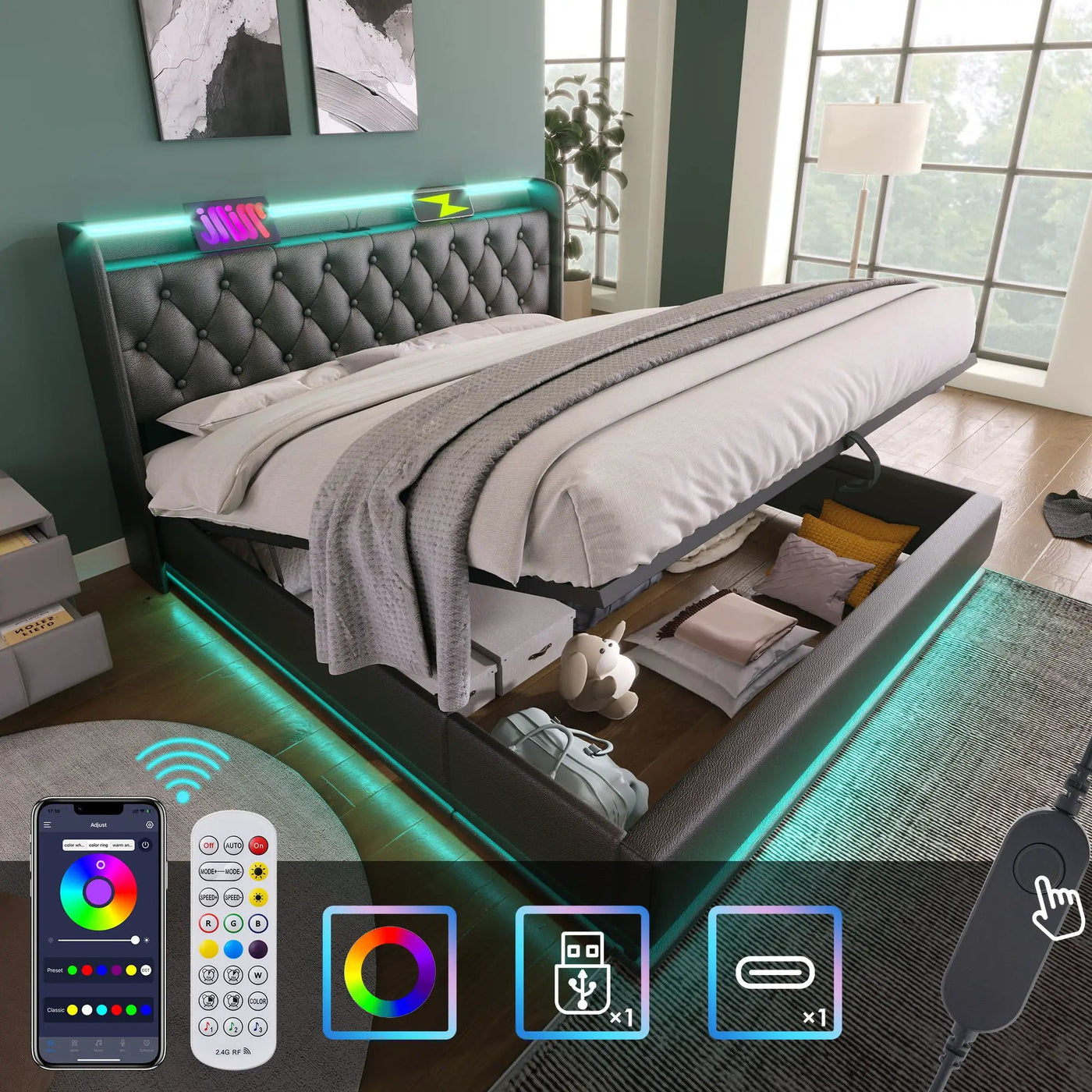 Upholstered Bed, 360 Surround LED Function, Remote Control, Hydraulic Storage Bed With USB, Type-C Charging (Without Mattress) by Unique Piece Furniture