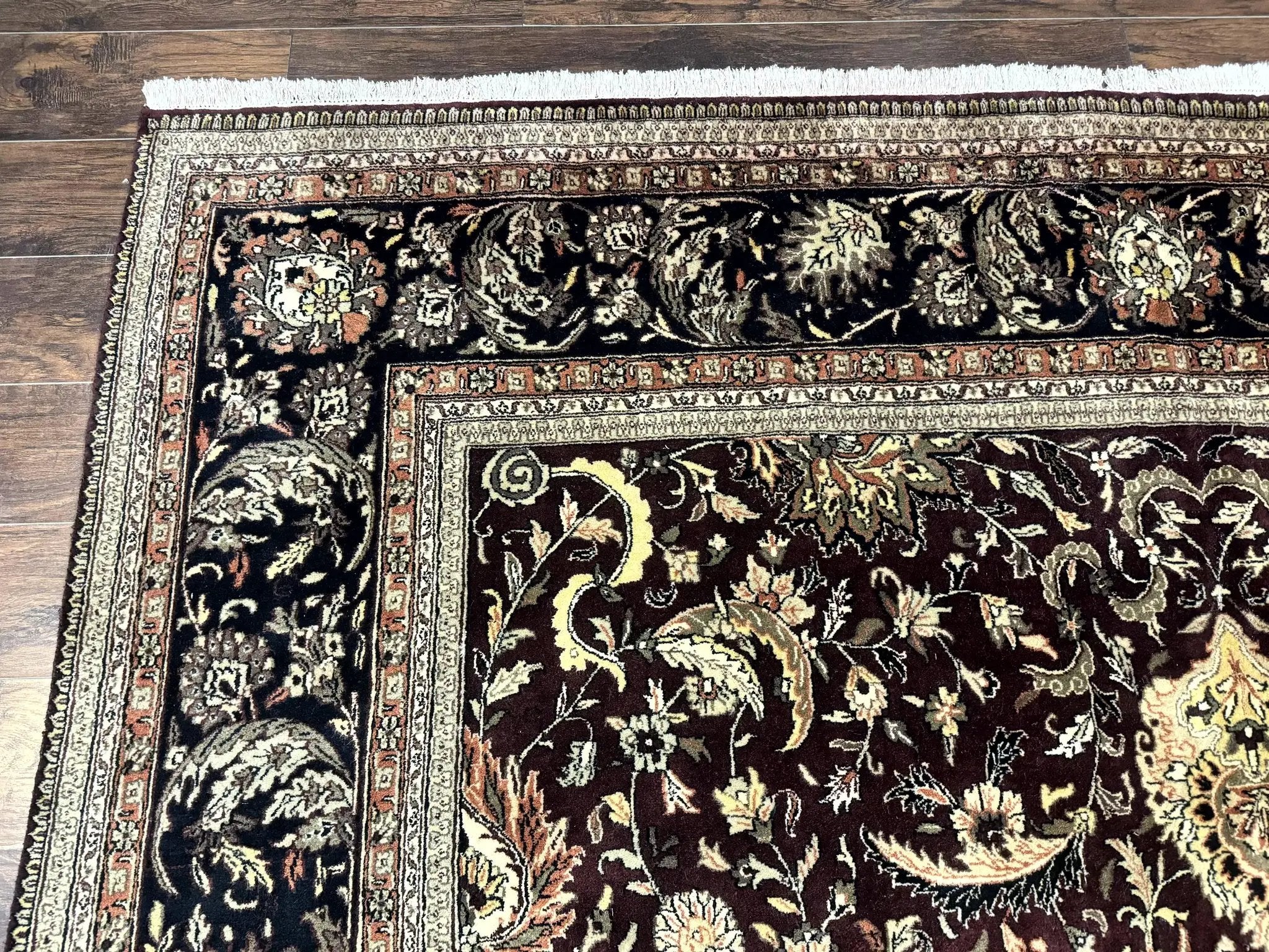 Indo Persian Rug 10x14, Floral Allover, Handmade Vintage Wool Rug, Dark Maroon/Plum and Black by Jewel Rugs