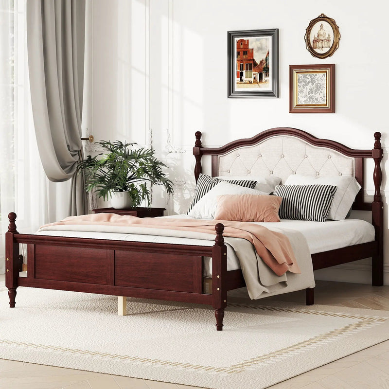Pine Wooden Bed With Upholstered Headboard And Panel Footboard, With Two Bed Rail Support Feet And Central Platform Support Feet by Unique Piece Furniture
