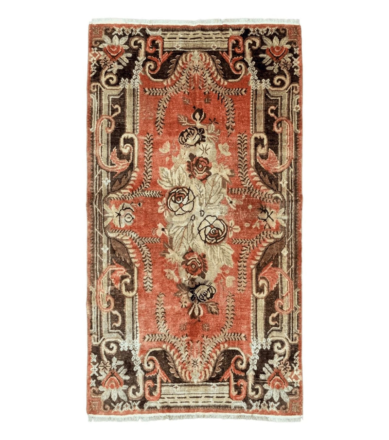 Khotan Rug 5x9, Terracotta and Brown, Floral, Chinese Wool Carpet, Antique Rug by Jewel Rugs