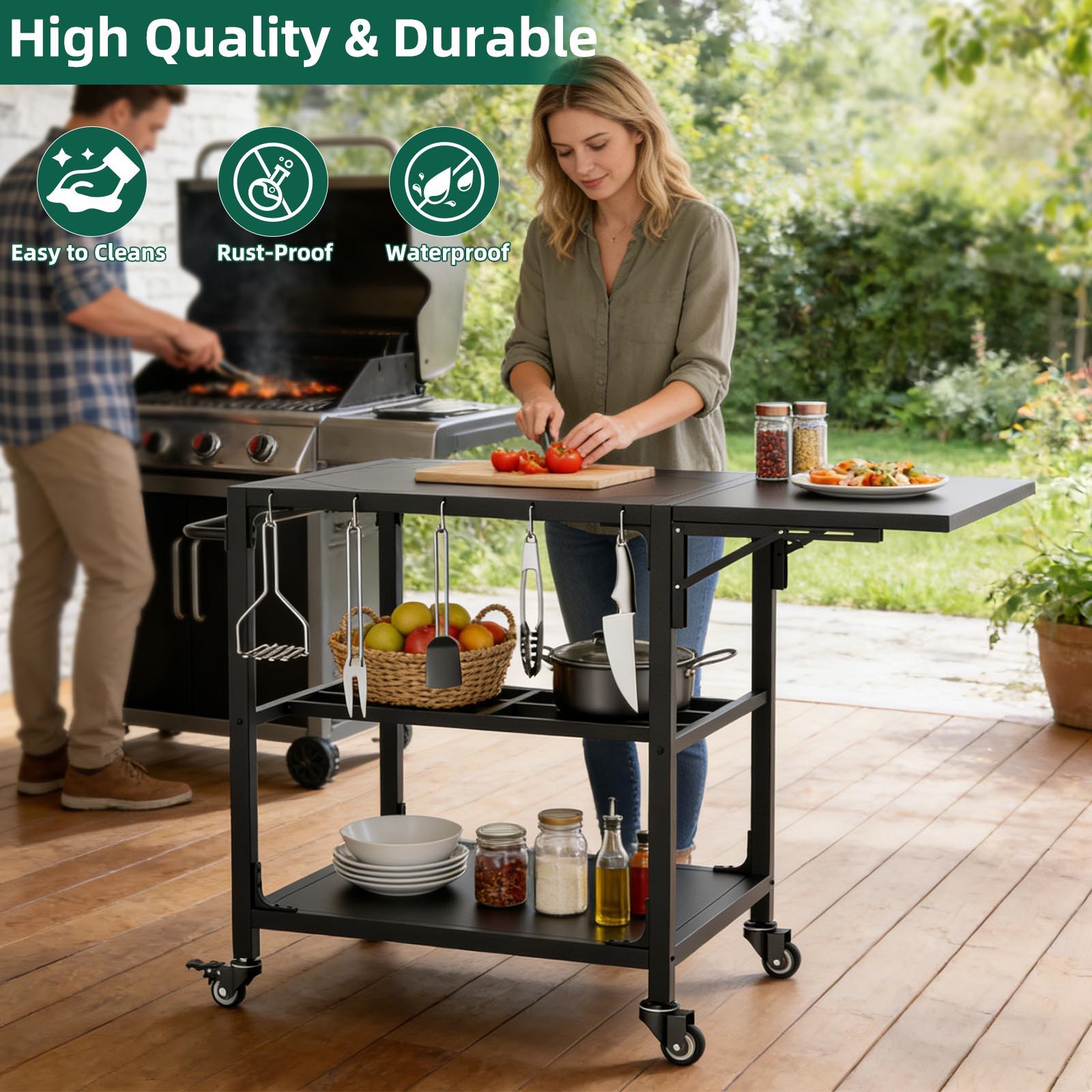 Outdoor Grill Table, Prep Cart With Wheels, Storage Shelf And Hooks - Black by HouseOfZazla