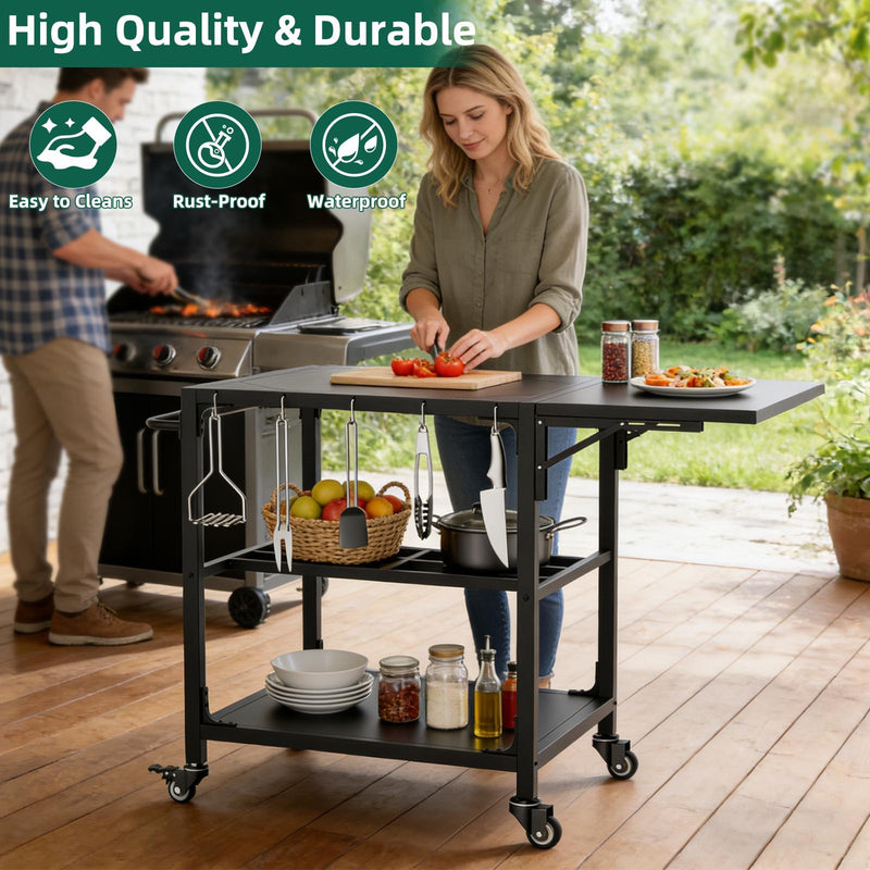 Outdoor Grill Table, Prep Cart With Wheels, Storage Shelf And Hooks - Black by HouseOfZazla