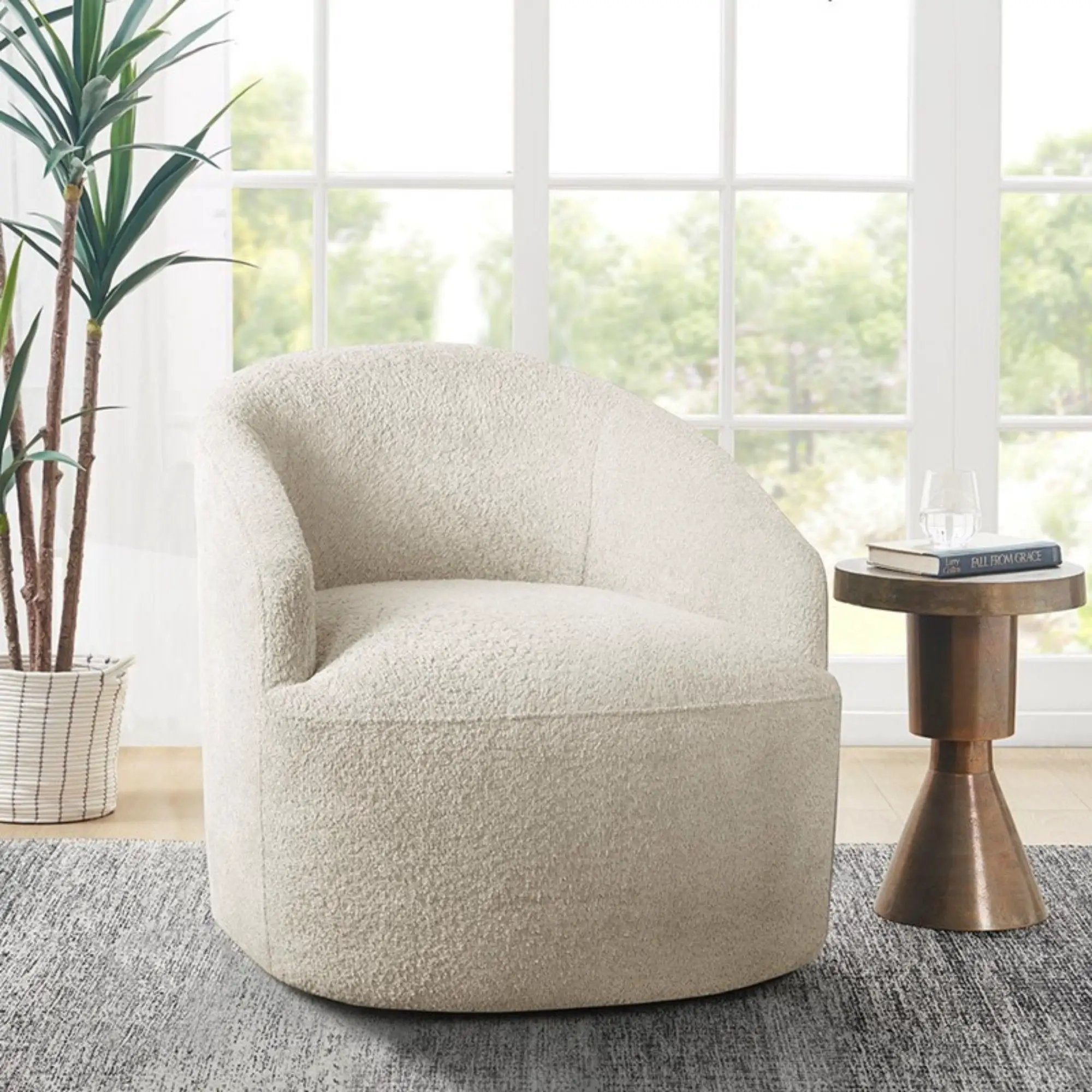 Upholstered 360 Degree Swivel Chair - Cream by HouseOfZazla