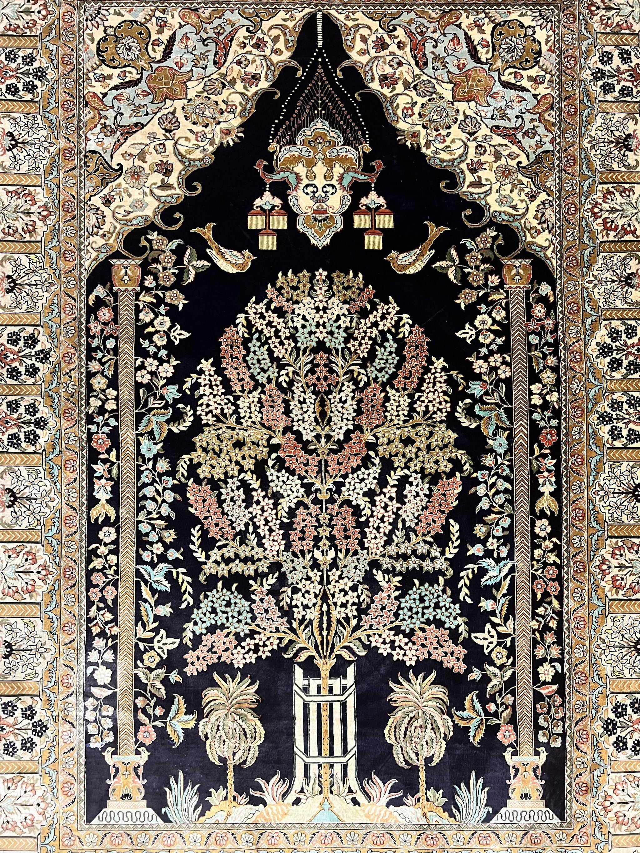 Wonderful Sino Persian Silk Rug 4x6, Tree of LIfe Design, Masterpiece 575 KPSI, Birds, Prayer Rug, Black, Silk on Silk by Jewel Rugs