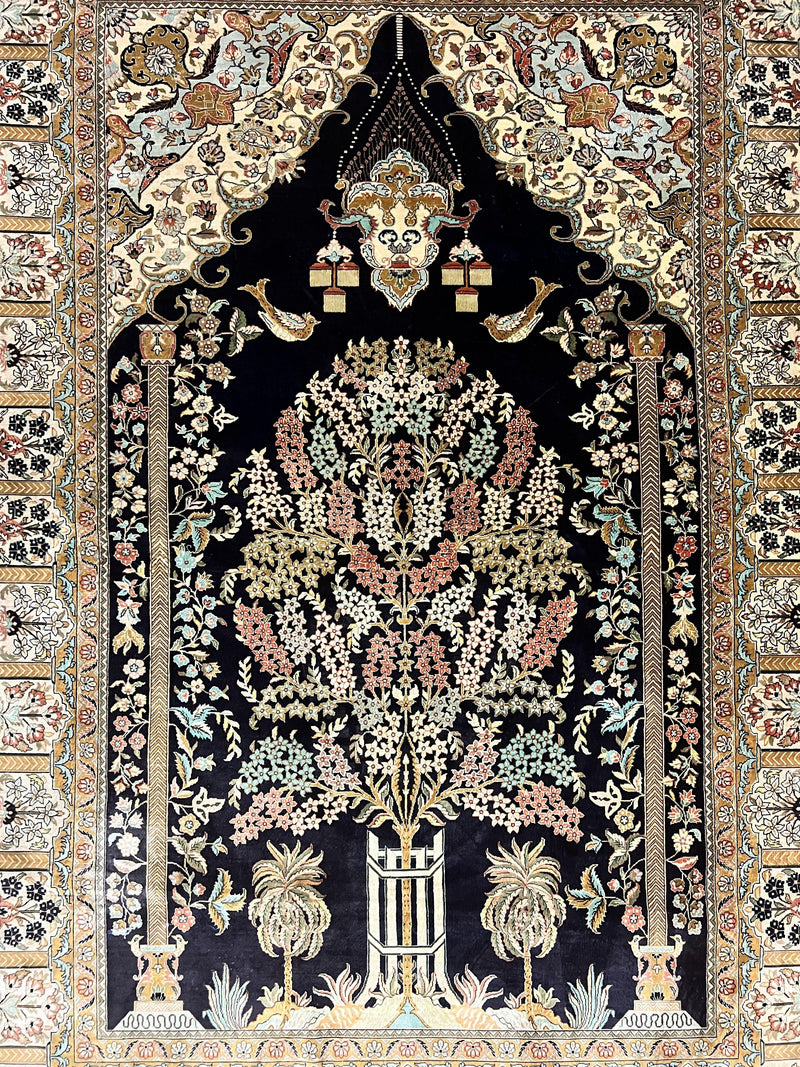 Wonderful Sino Persian Silk Rug 4x6, Tree of LIfe Design, Masterpiece 575 KPSI, Birds, Prayer Rug, Black, Silk on Silk by Jewel Rugs