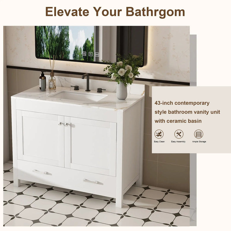 43" Bathroom Vanity, Multi Functional Cabinet With Doors And Drawer - White by Unique Piece Furniture