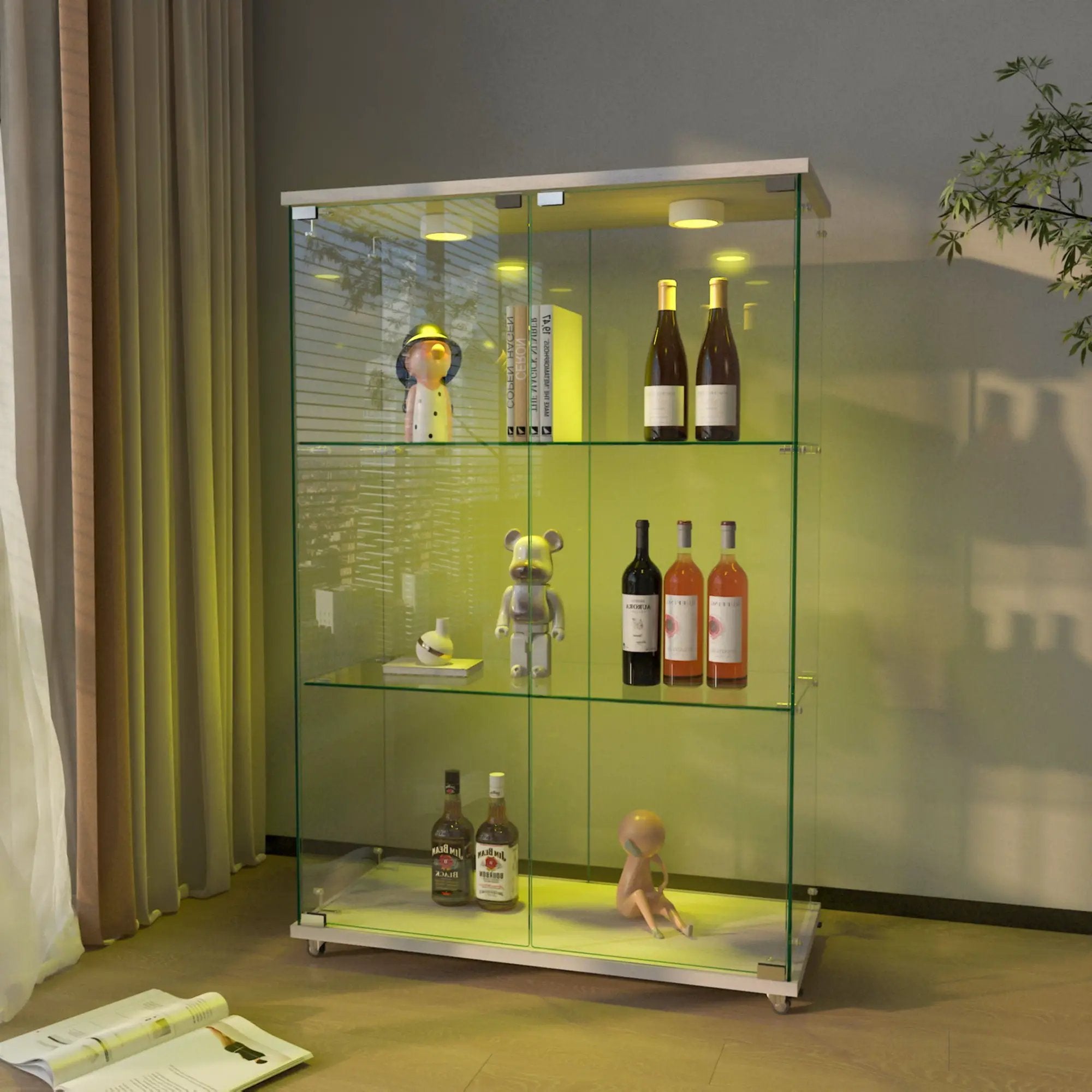 Modern Display Cabinet With LED Lights, Transparent Tempered Glass 2 Door Storage Case With 3 Shelves by Unique Piece Furniture