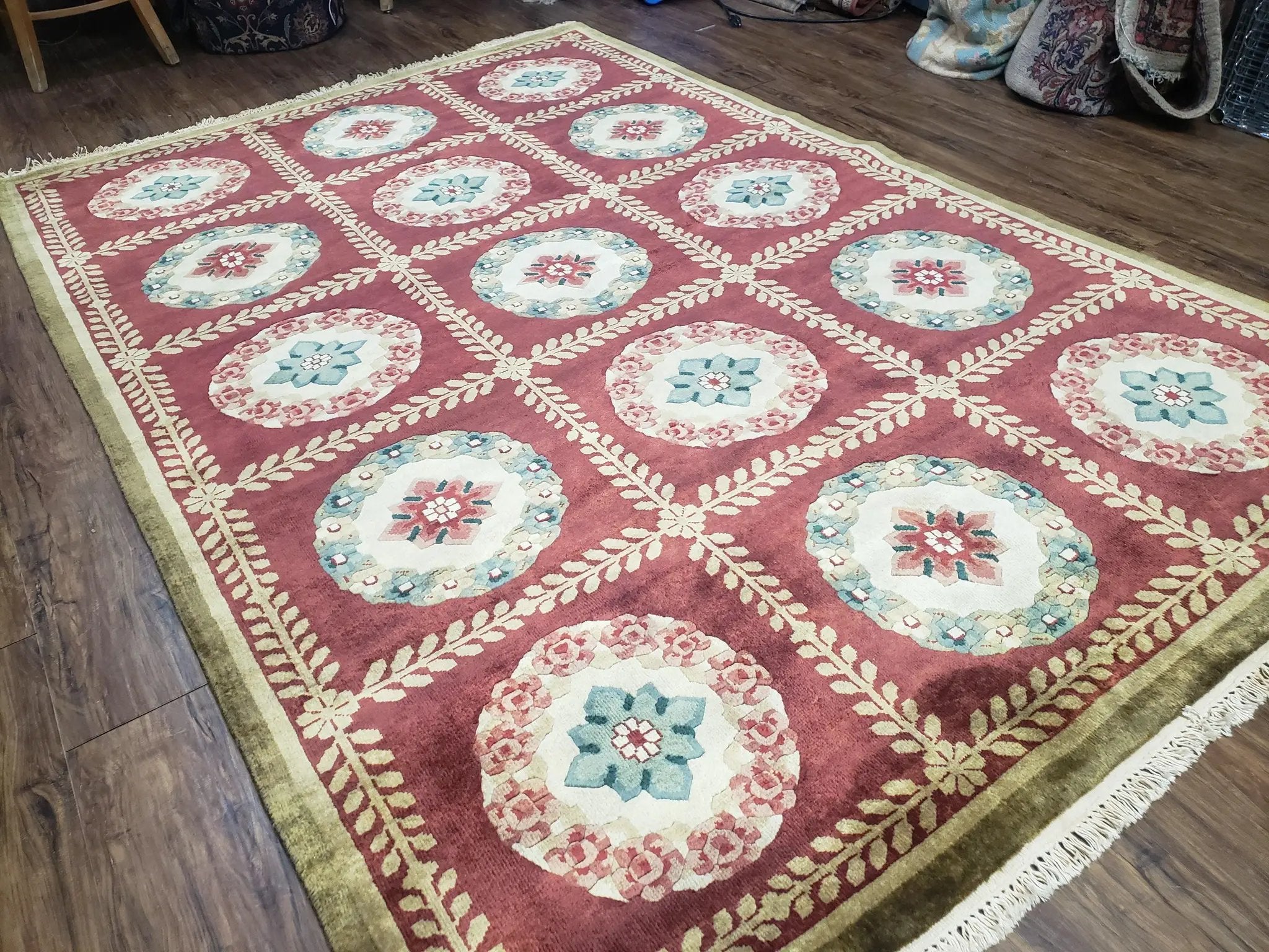 Nepalese Aubusson Panel Rug 6x9, Red & Ivory Soft Plush Tibetan Pile Rug, Wool Hand-Knotted Carpet, 6 x 9 Elegant Area Rug, Office Room Rug by Jewel Rugs