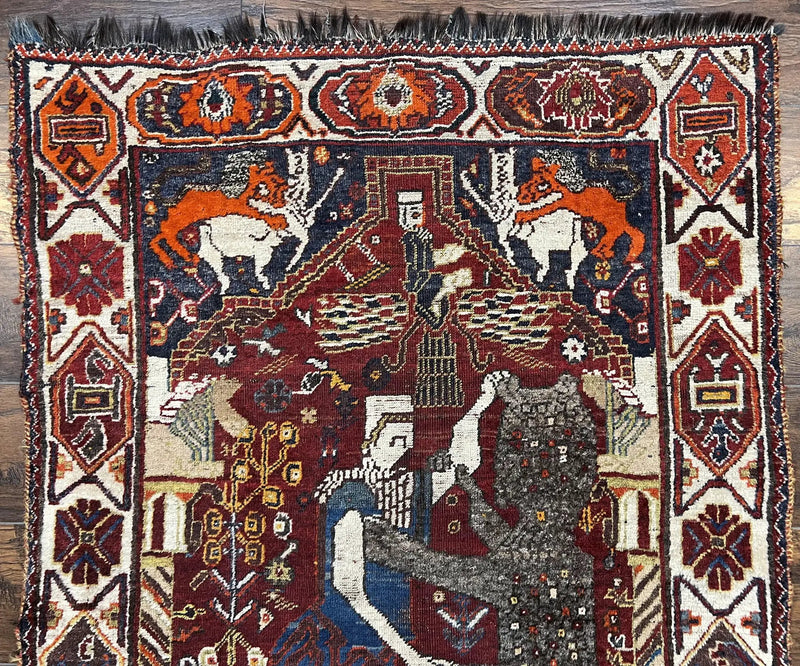 Antique Persian Shiraz Pictorial Rug 3.6 x 5, Persian Tribal Rug, Handmade, Lions, Highly Unique Collectible Small Persian Carpet, Maroon, Wool by Jewel Rugs