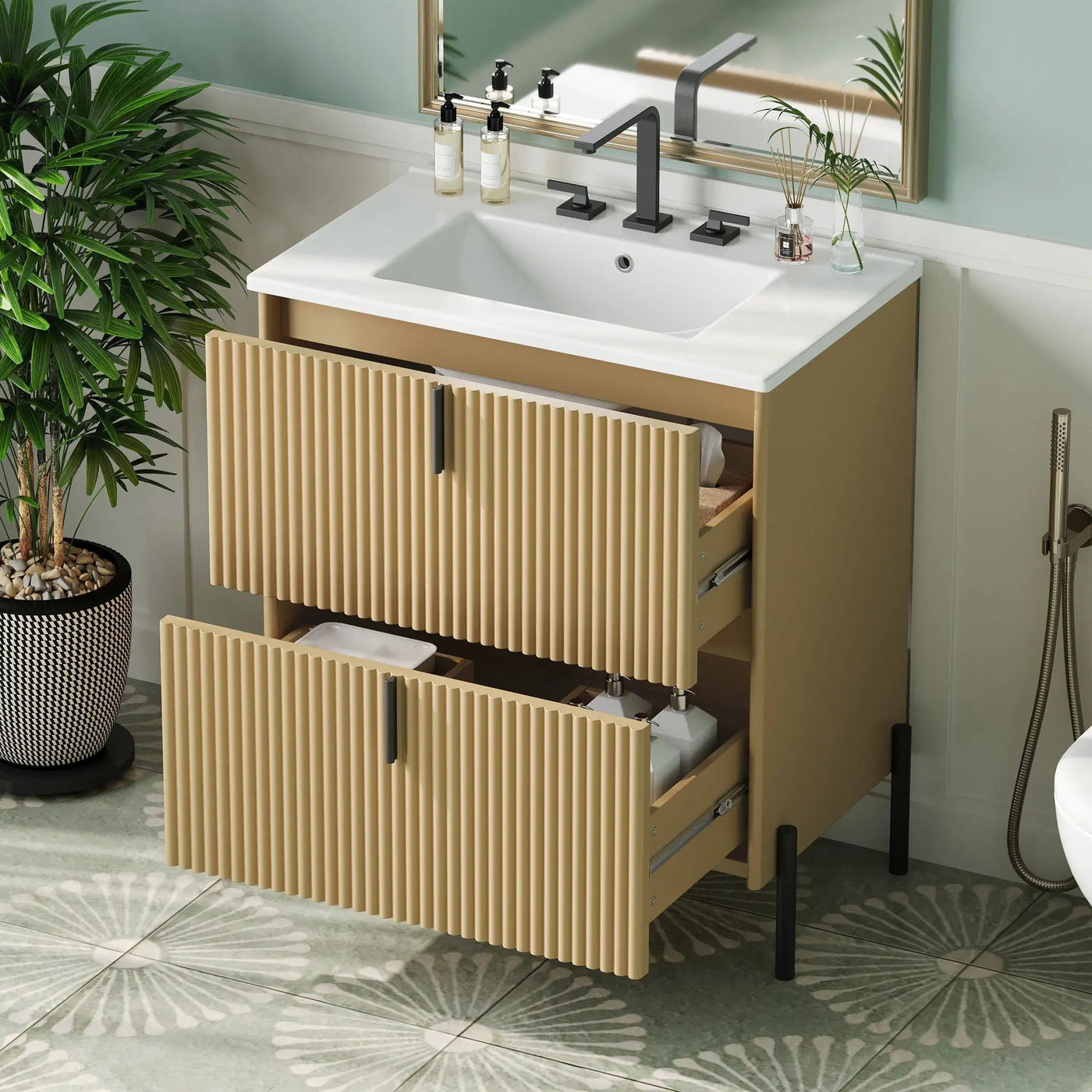 Fluted Bathroom Vanity With Ceramic Sink, Freestanding Design by HouseOfZazla