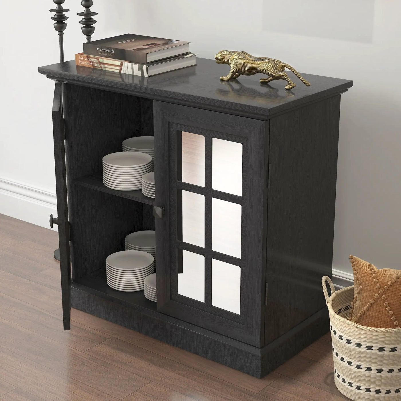 Sideboard Cabinet With Mirrored Doors, Adjustable Shelf, Metal Handles by HouseOfZazla