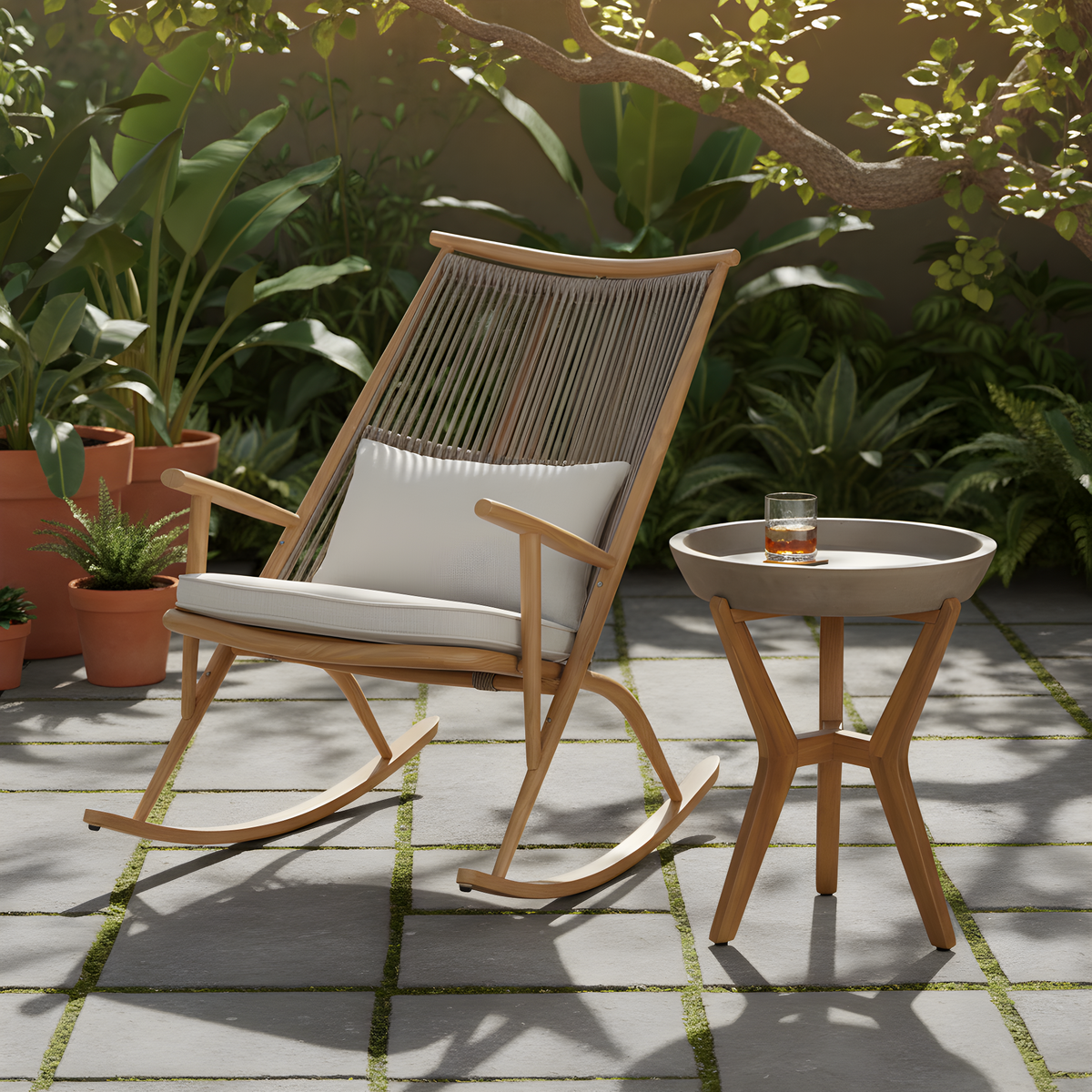 Coordinated Rocking Chair & Concrete-Acacia Side Table Set - Light Gray, photo 2 of 10