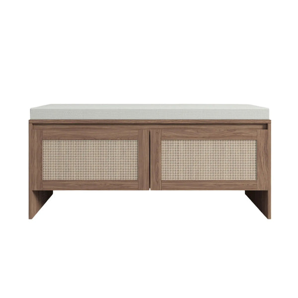 Storage Bench With Cushion, Shoe Cabinet With 2 Doors - Antique Natural / Rattan