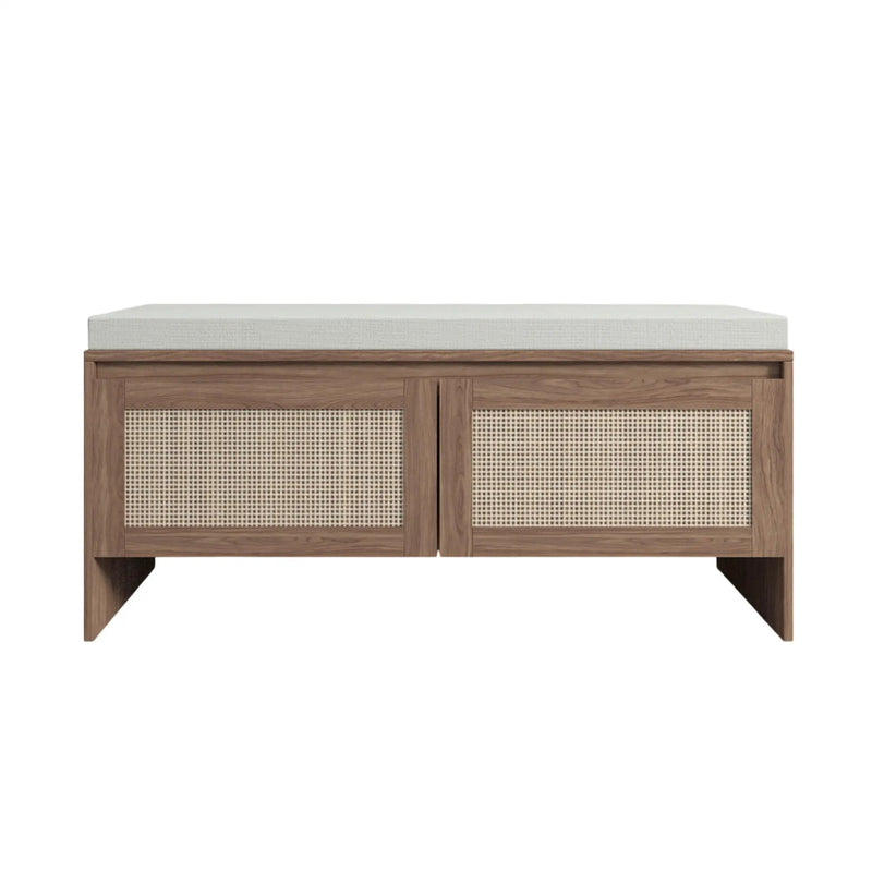 Storage Bench With Cushion, Shoe Cabinet With 2 Doors - Antique Natural / Rattan by Unique Piece Furniture