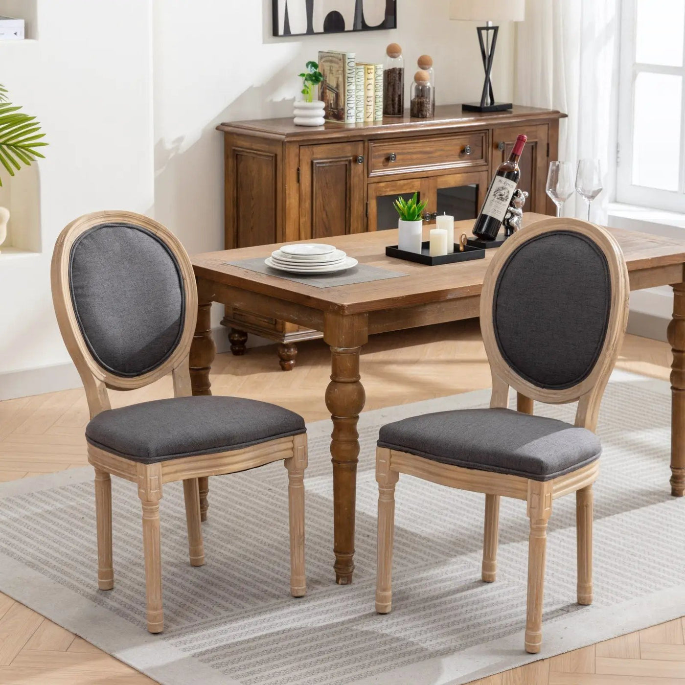 French Style Solid Wood Frame Antique Painting Fabric Back Dining Chair (Set of 2) by HouseOfZazla