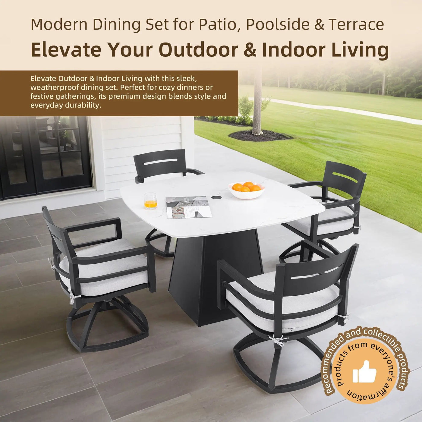Outdoor Patio Dining Set, Squircle Dining Table, Dining Chairs With Sunbrella Cushions by HouseOfZazla