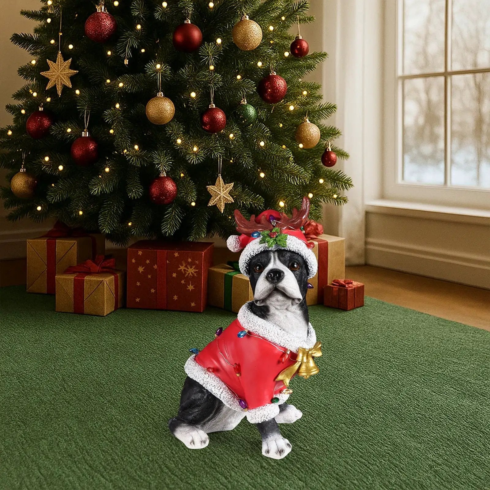 Christmas Boston Terrier Statue, Holiday Dog Figurine in Santa Outfit by HouseOfZazla