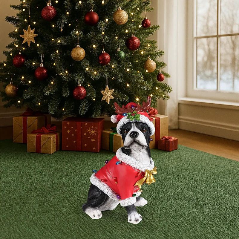 Christmas Boston Terrier Statue, Holiday Dog Figurine in Santa Outfit by HouseOfZazla