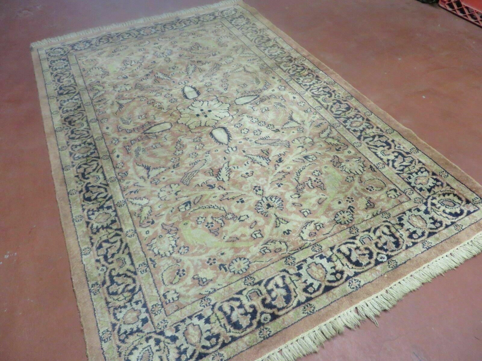 Indian Silk Rug 4x6, Indian Kashmiri Silk Carpet 4 x 6 ft, Vintage Hand Knotted Floral Bird Motifs, Light Pink and Navy Blue, Silk on Cotton by Jewel Rugs