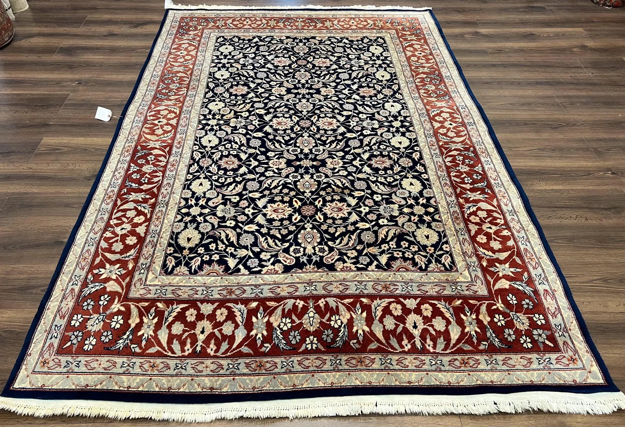 Indo Sarouk Rug 6x9, Vintage Indian Persian Rug, Wool Oriental Carpet, Navy Blue Red Allover Floral Rug, Traditional Very Fine Rug, Area Rug by Jewel Rugs