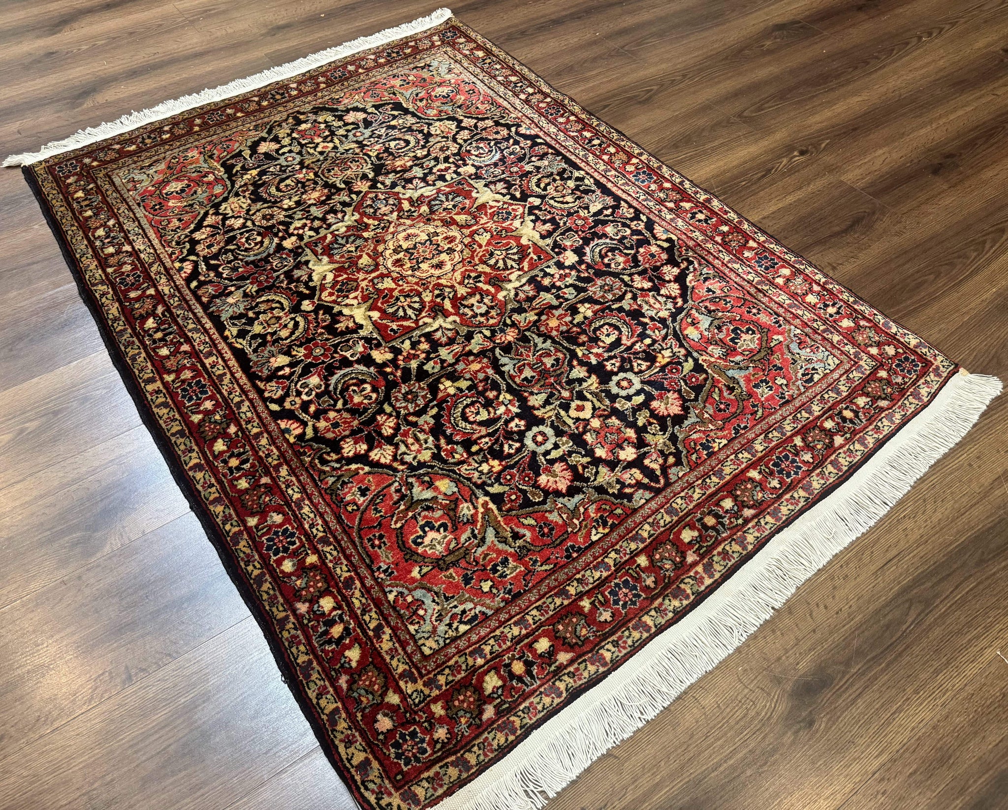 Antique Persian Sarouk Rug 4x5, Dark Blue and Red, Floral Medallion, Fine by Jewel Rugs