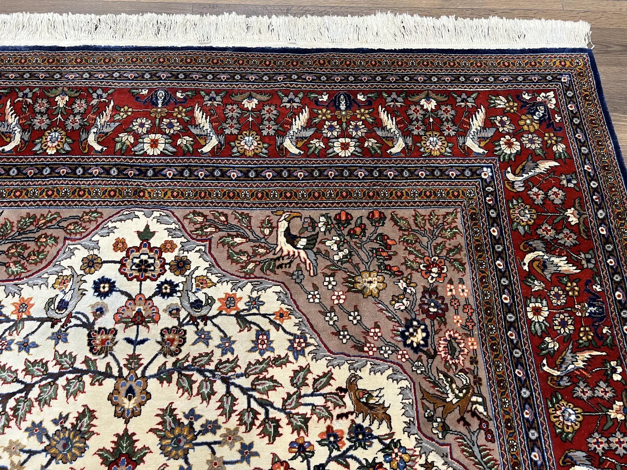 Beautiful Sino Persian Rug 7x10, Circle of Life Tree of Life Rug, Birds, Cream Red Navy Blue Taupe, Wool Silk Accents, Hand Knotted Vintage by Jewel Rugs