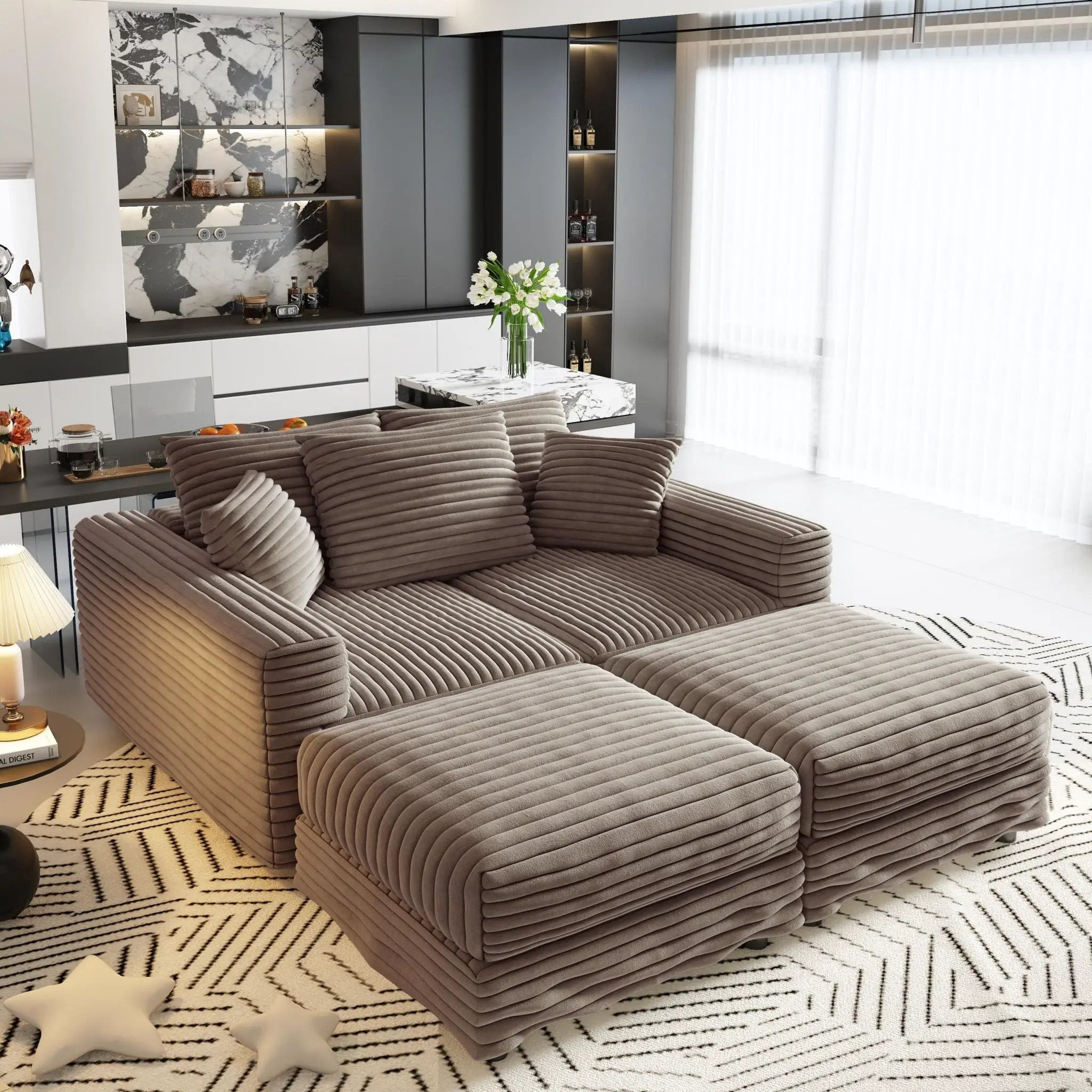 Deep Seat Convertible Sofa With Soft Pillows And Ottomans