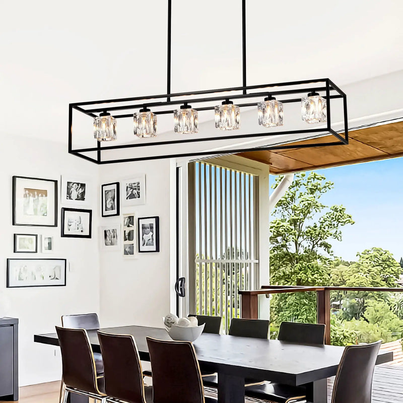 6 Light Farmhouse Chandelier, Modern Industrial Linear Rectangular Crystal Pendant Light Cage Chandelier For Dining Room, Kitchen Island, Bar, Long Table, G9*6 Bulbs Included - Matte Black by HouseOfZazla