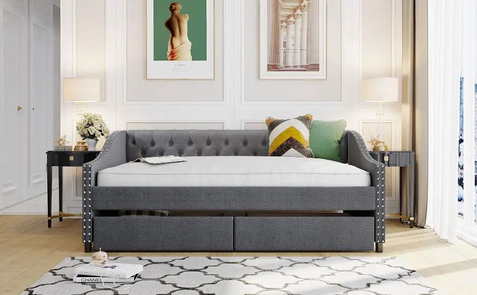 Upholstered Daybed With Two Drawers, Wood Slat Support by HouseOfZazla