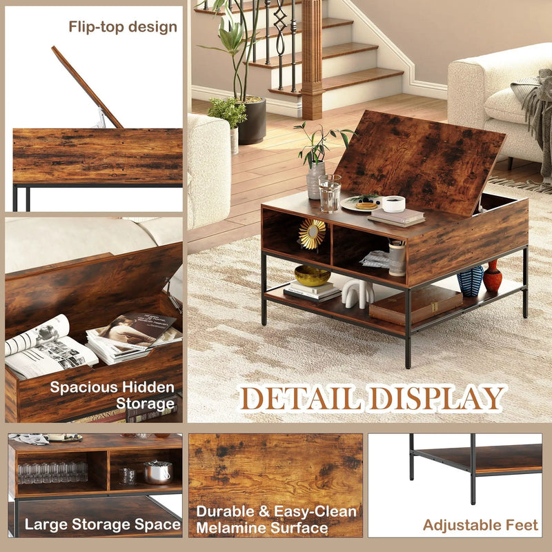 Flip-Top Coffee Table With Storage Lift-Top Design With Hidden Compartment - Black