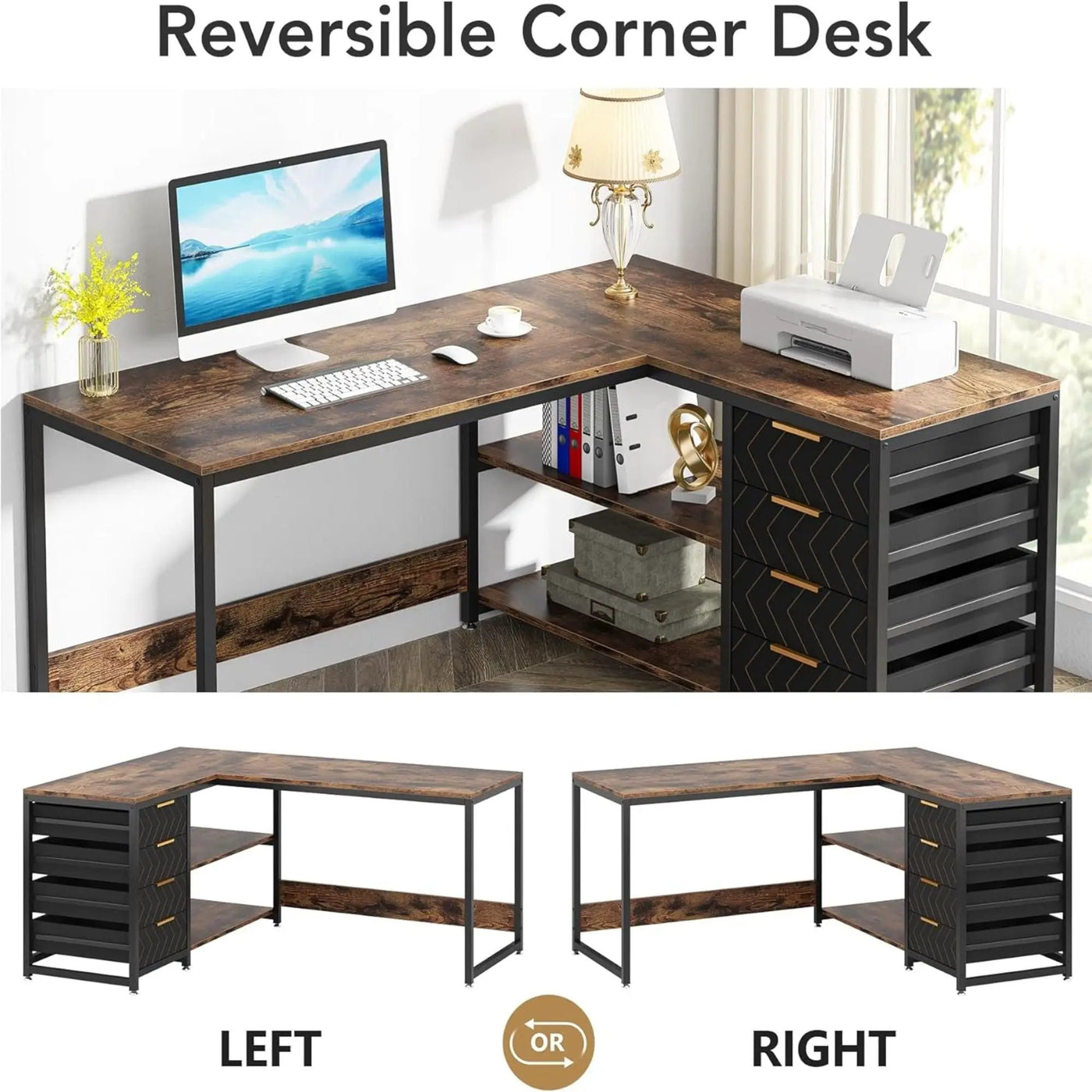 L-Shaped Computer Desk With Drawers And Shelves, Workstation For Home Office by HouseOfZazla