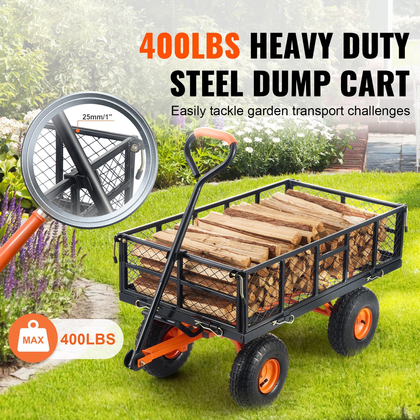 Metal Garden Dump Cart with Easy-Assemble Frame and Convertible Handle by HouseOfZazla