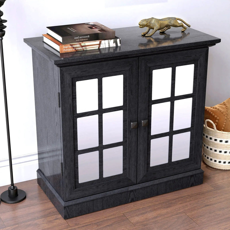 Sideboard Cabinet With Mirrored Doors, Adjustable Shelf, Metal Handles