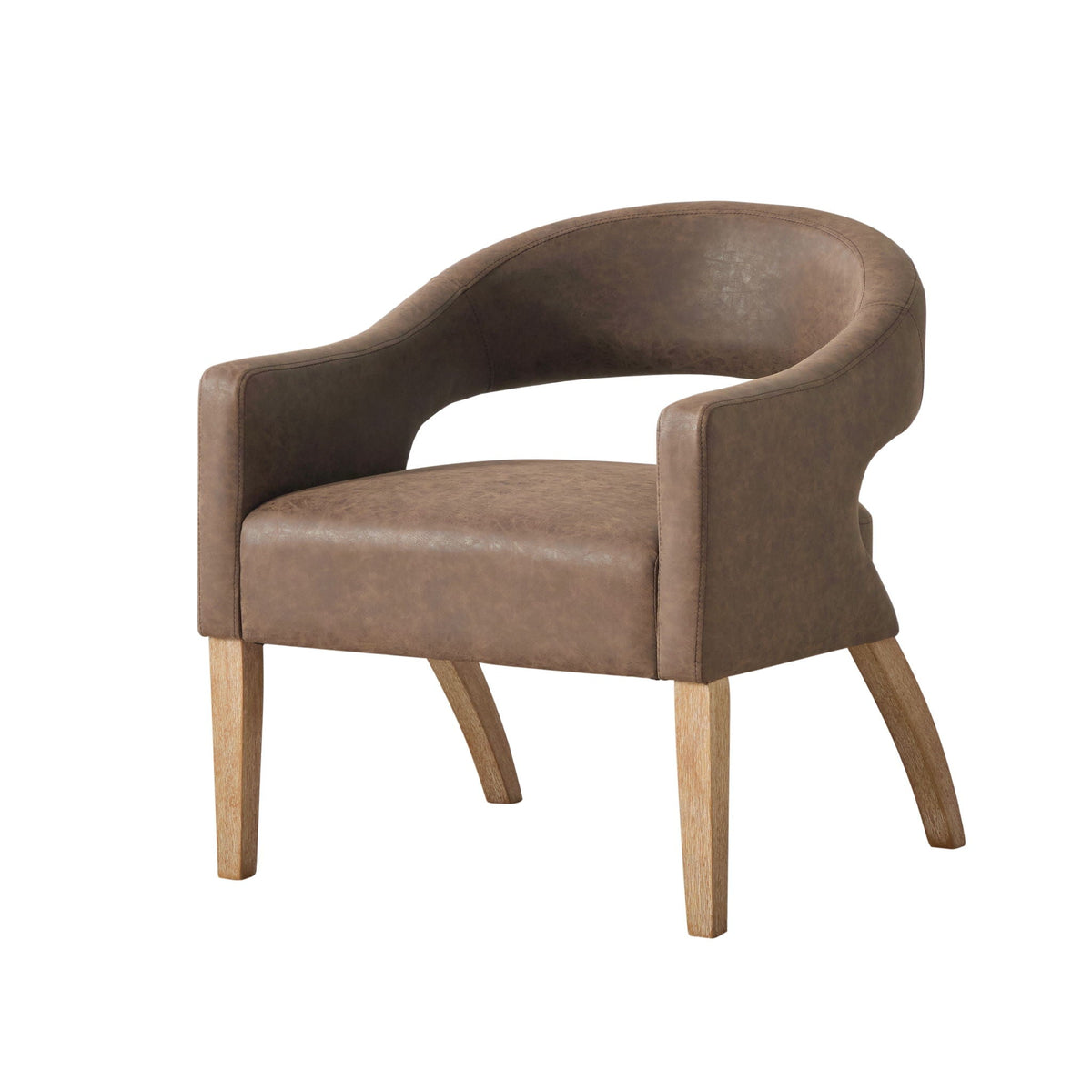 Upholstered Open Back Armchair with Weathered Rubberwood Legs - Faux Leather