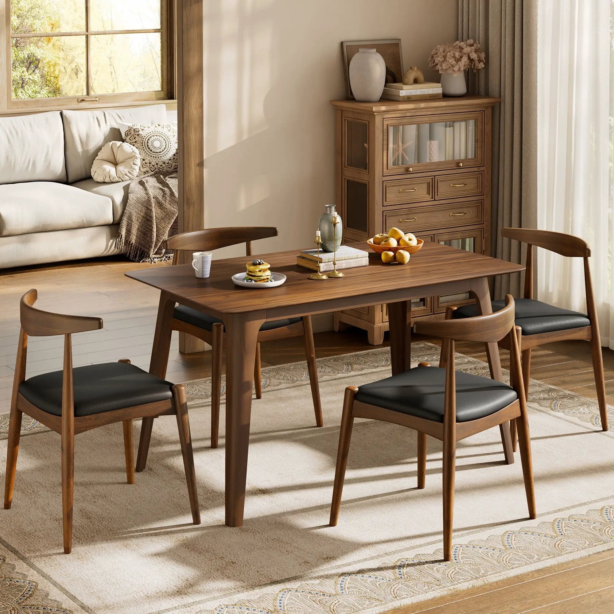 5 Piece Dining Set With 1 Table And 4 Upholstered Chairs - Walnut / Black by HouseOfZazla