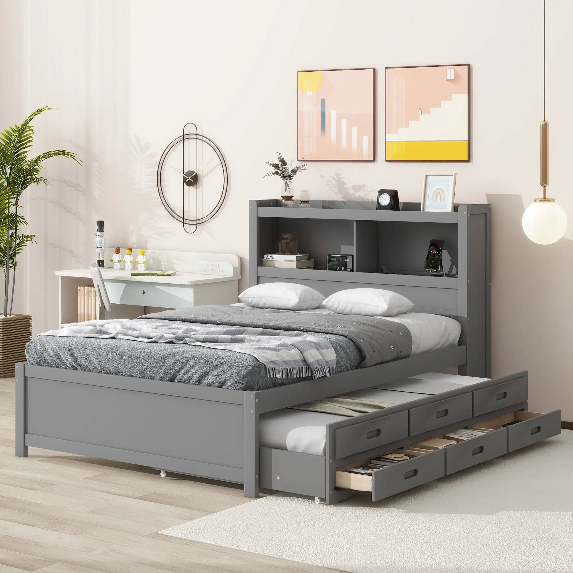 Full Size Platform Bed With Trundle, Drawers, USB Ports And Built In Shelves - Gray by HouseOfZazla
