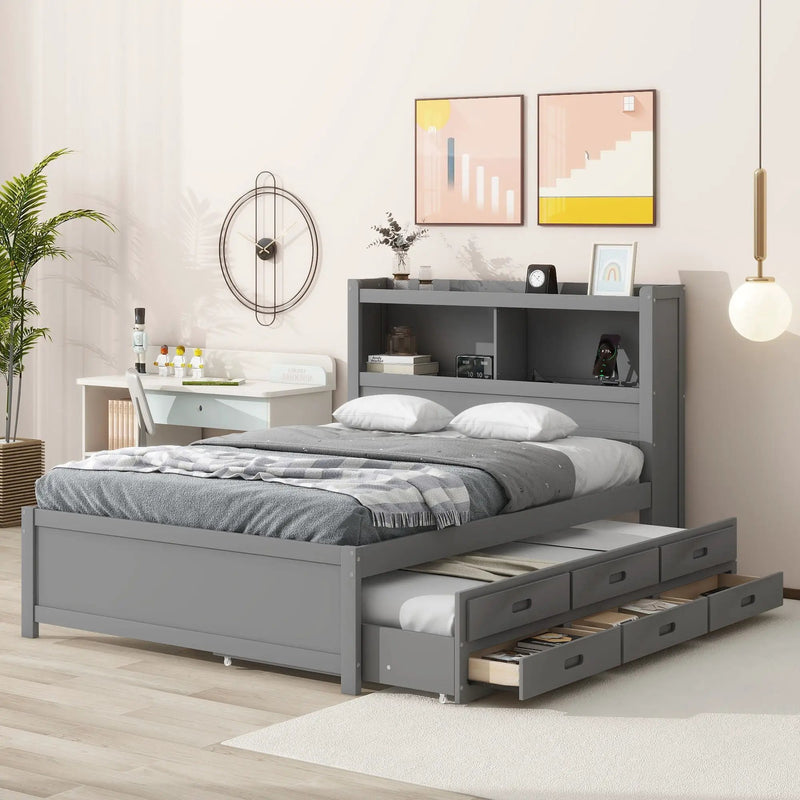 Full Size Platform Bed With Trundle, Drawers, USB Ports And Built In Shelves - Gray by HouseOfZazla