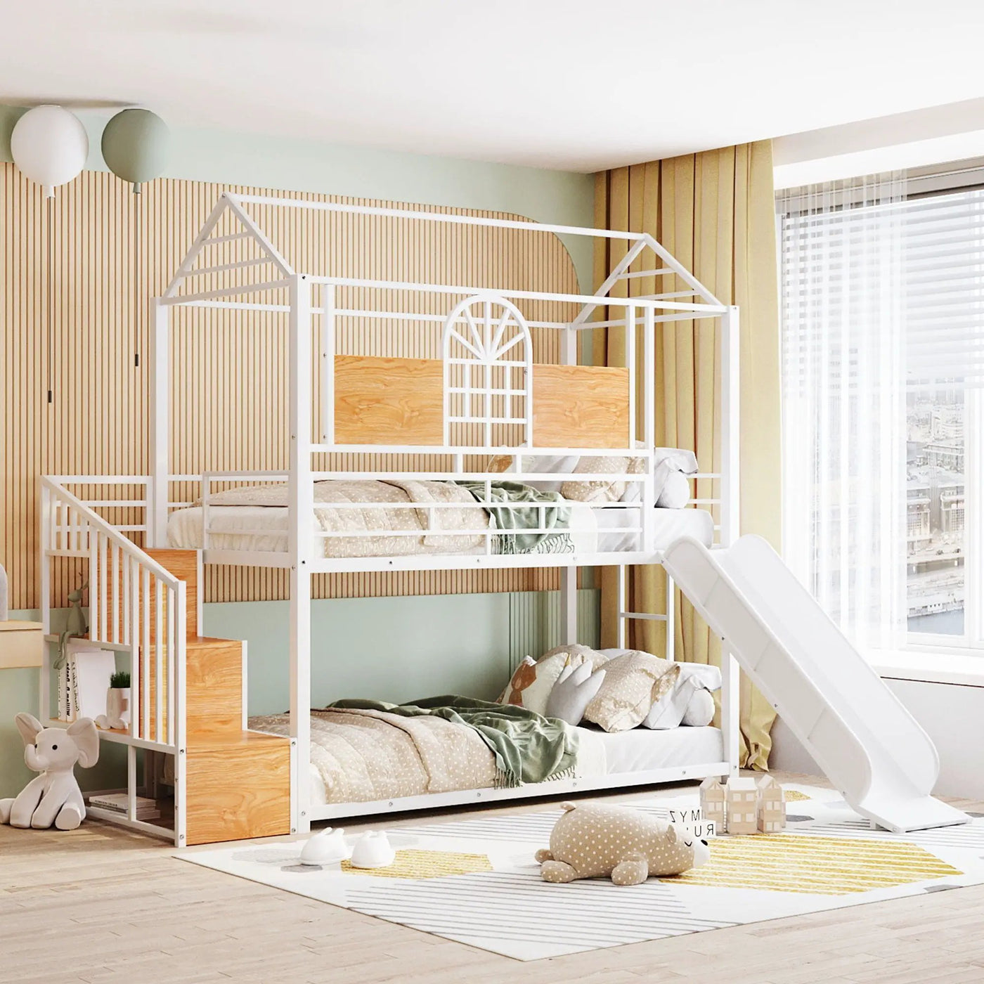 Metal Bunk Bed, Metal Housebed With Slide And Storage Stair by HouseOfZazla