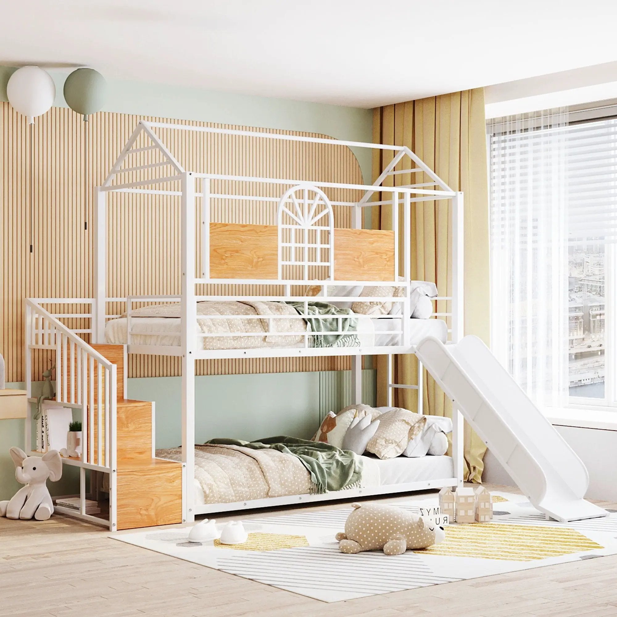 Metal Bunk Bed, Metal Housebed With Slide And Storage Stair by HouseOfZazla