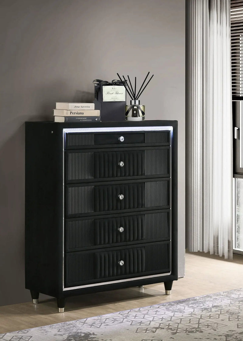 Ravenne 5-drawer Velvet Upholstered LED Chest of Drawers Black by Unique Piece Furniture