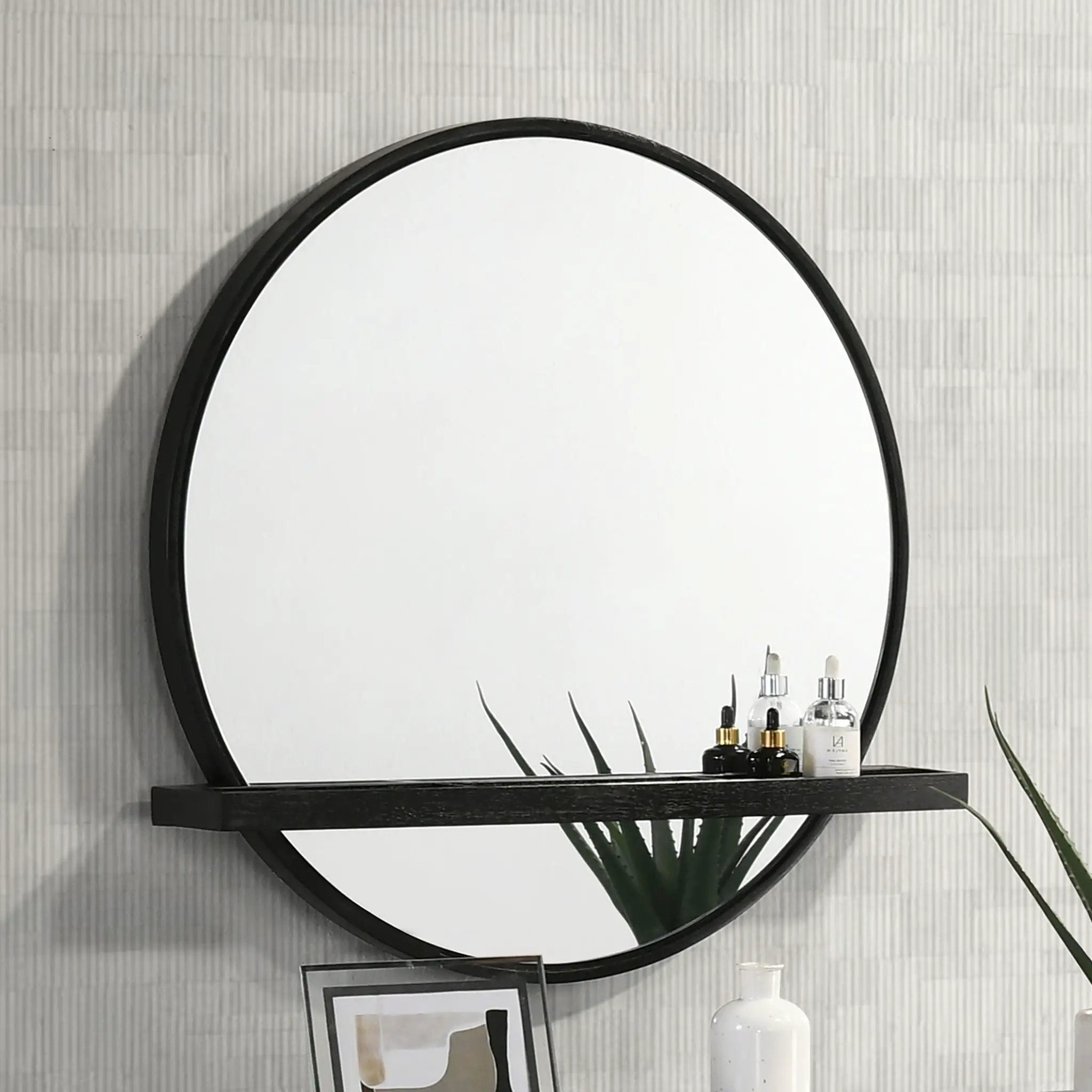 Arini Round Vanity Wall Mirror with Shelf Black by Unique Piece Furniture
