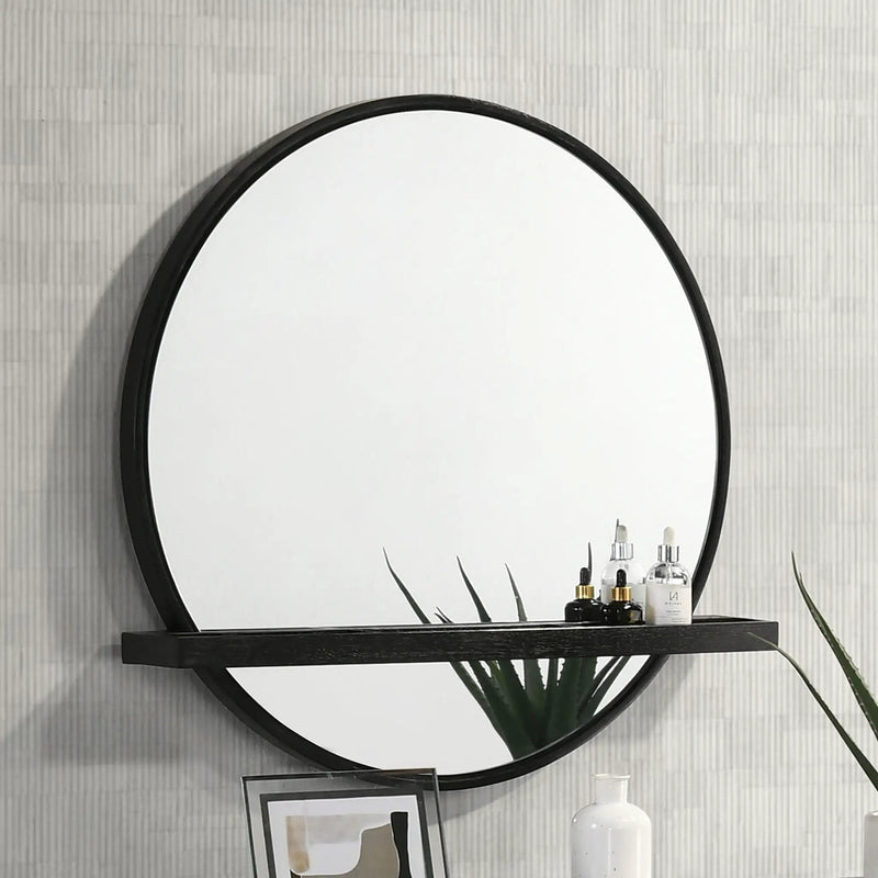 Arini Round Vanity Wall Mirror with Shelf Black by Unique Piece Furniture