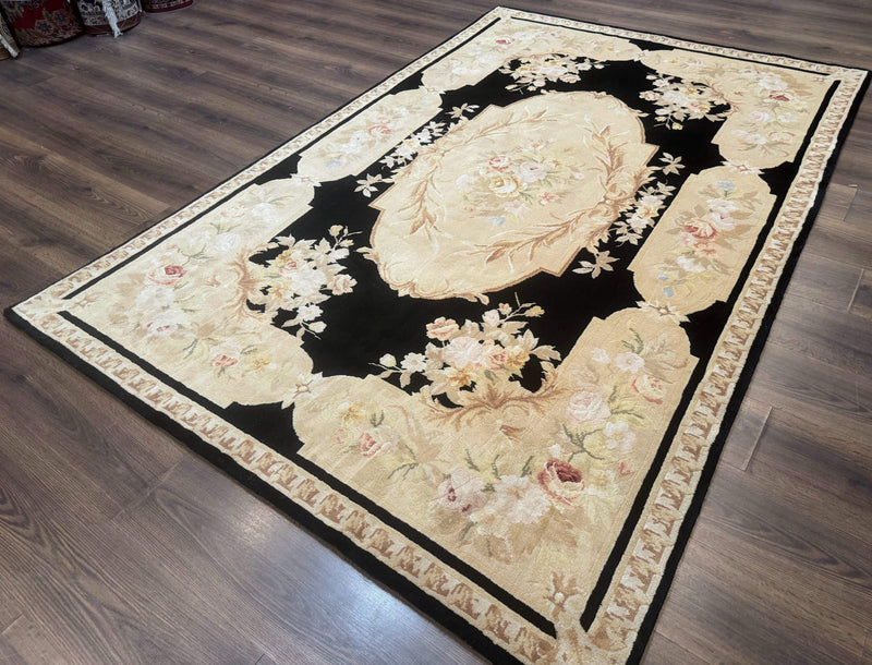 Chinese Aubusson Rug 6x9, Wool Pile, Black, Floral, Elegant by Jewel Rugs
