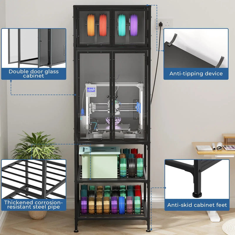 3D Printer Cabinet With Double Layer Filament Storage, T-Shaped Filament Bar, Noise Reducing And Dust Proof Design - Black by Unique Piece Furniture