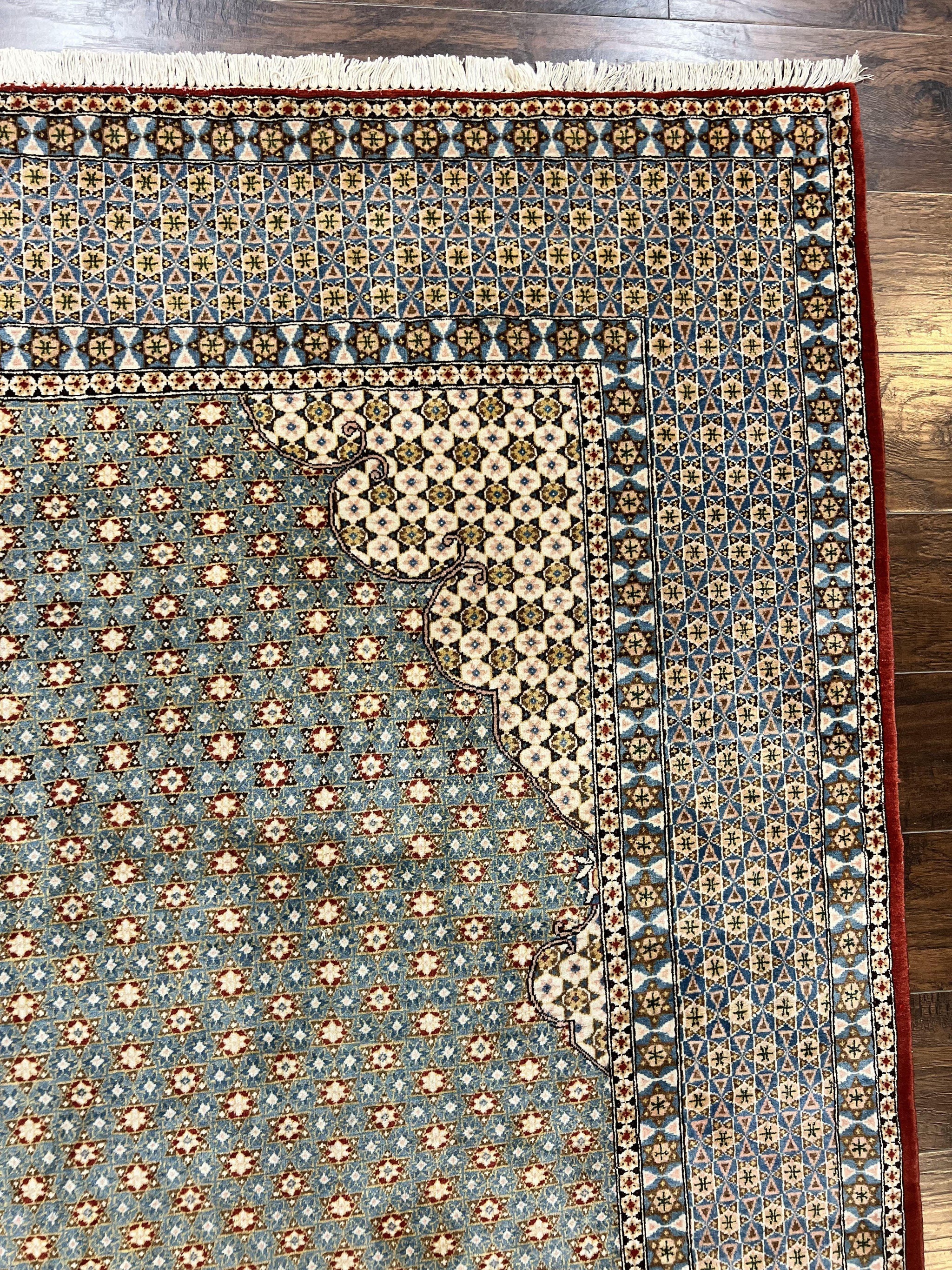 Rare Persian Rug 8x12, Qum Rug, Repeated Star Motifs, Blue and Ivory, Fine 300 KPSI, Hand Knotted Handmade Vintage Wool Rug by Jewel Rugs