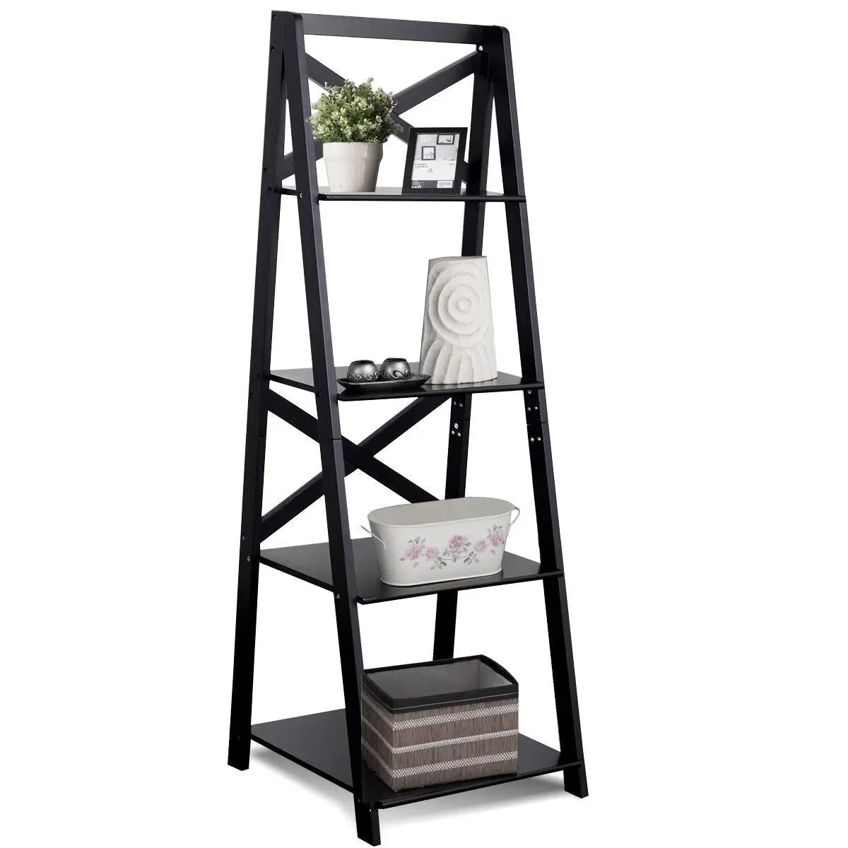 4-tier Leaning Free Standing Ladder Shelf Bookcase-White by DirectDeals