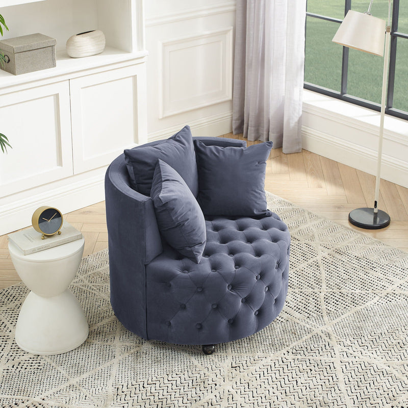 Modern Upholstered Swivel Chair With Button Tufted Design And Movable Wheels by HouseOfZazla