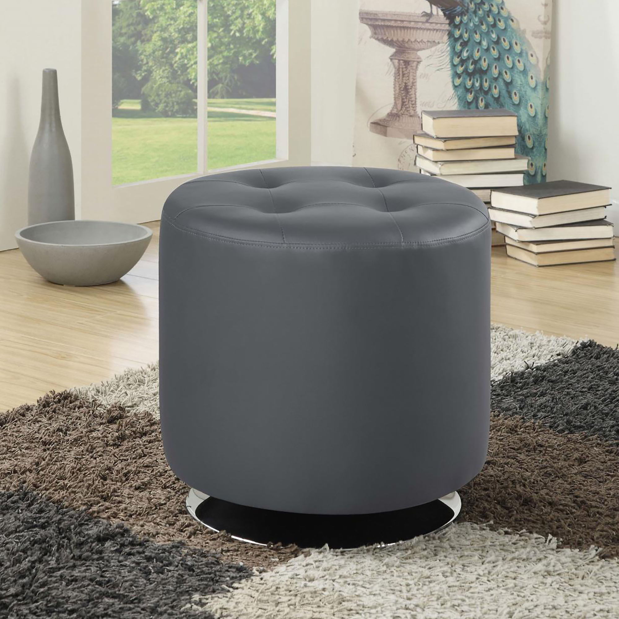 Round Ottoman With Tufted Upholstery Base - Gray by HouseOfZazla