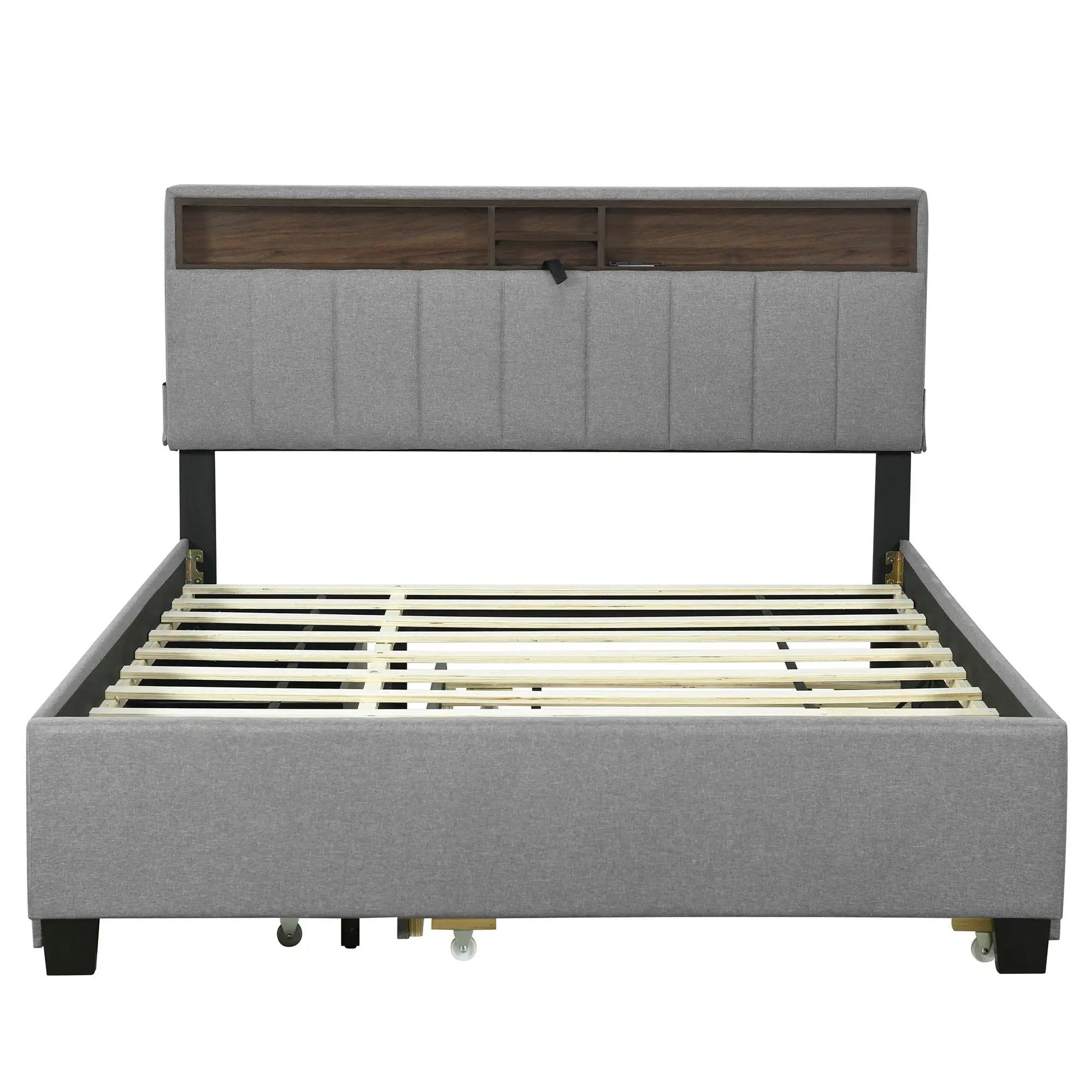 Upholstered Platform Bed With Storage Headboard, Trundle & 2 Drawers And A Set Of Sockets & USB Ports by HouseOfZazla